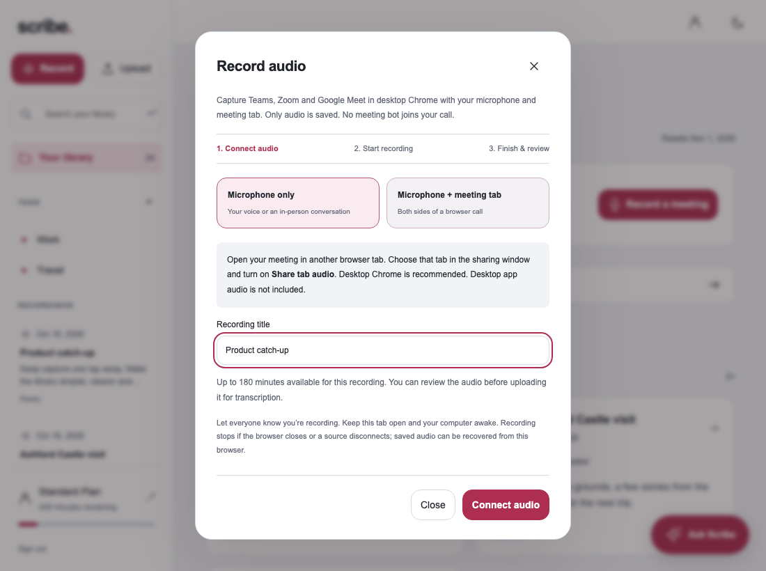 Scribe recording dialog with Microphone + meeting tab selected and a Connect audio button