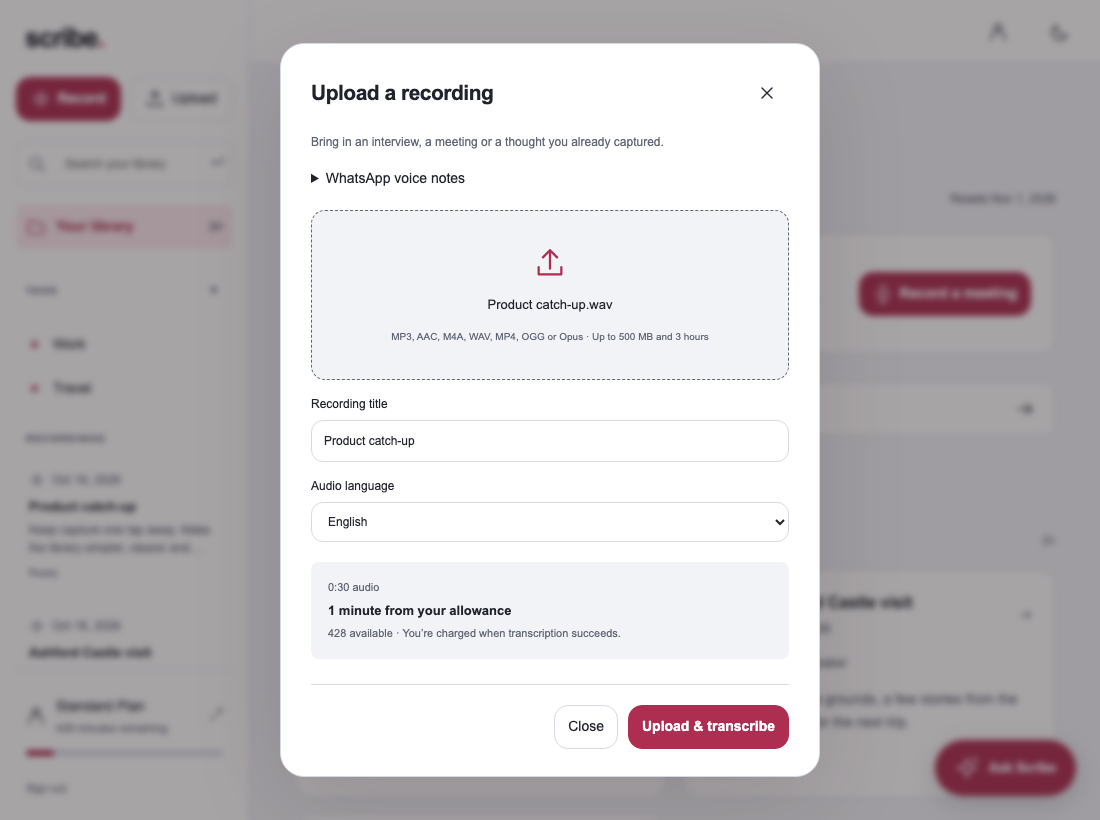 Scribe upload dialog showing supported audio formats, recording title and audio language controls
